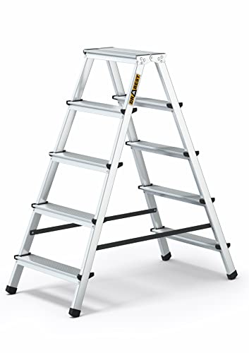 DRABEST Klappleiter Klapptritt Alu Leiter 2 x 5 Stufen Trittleiter Beidseitig Mehrzweckleiter bis 125 kg Belastbar Leiter
