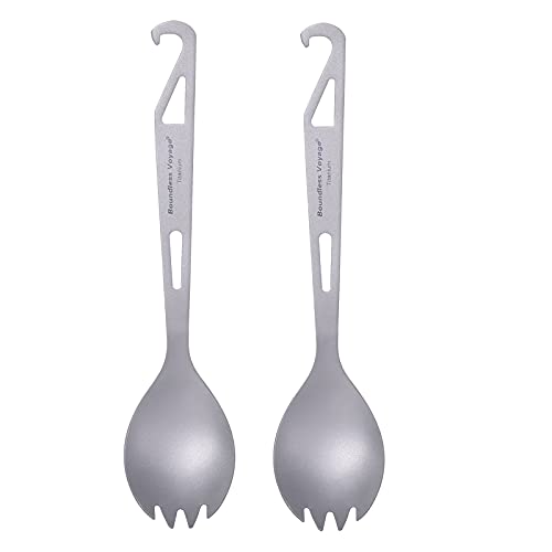 iBasingo Camping Löffel Gabel 3 in 1 Titan Spork mit Flaschenöffner Ultraleicht Wiederverwendbares Besteck-Picknickgeschirr für den Außenbereich mit Kordelzugbeutel Ti1058T