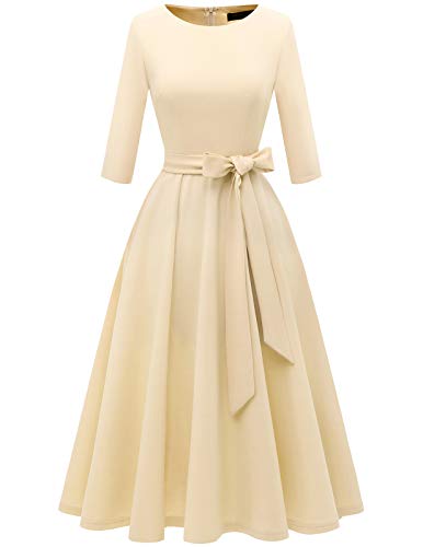 DRESSTELLS Kleider Damen elegant Vintage Abendkleider 3/4 Arm Retro Cocktailkleid kurz Champagne M