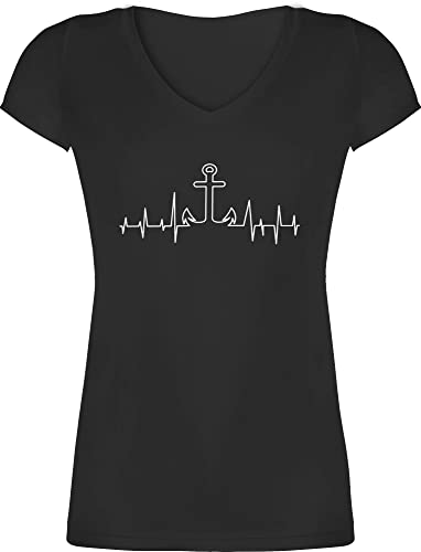 Kunst Outfit Anker, Blumen & Co. - Anker Herzschlag - XL - Schwarz - Shirt Anker Damen - XO1525 - Damen T-Shirt mit V-Ausschnitt