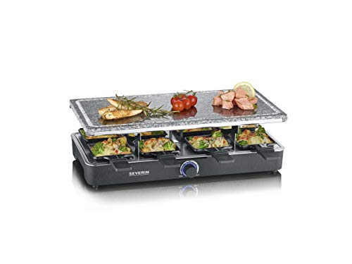 SEVERIN Raclette-Partygrill mit Naturgrillstein, Raclette mit Grillplatte aus Stein und 8 antihaftbeschichteten Pfännchen, Tischgrill für 8 Personen, max. 1300 W, schwarz, RG 2372