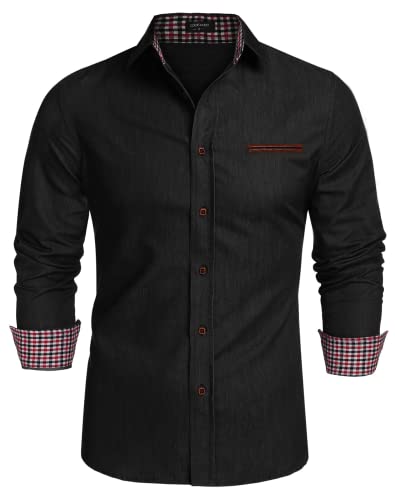 Coofandy Jeanshemden Herren regular fit Denim Shirt Langarmhemd Cowboy-Style Freizeit Hemden , Farbe - Schwarz , Gr. S