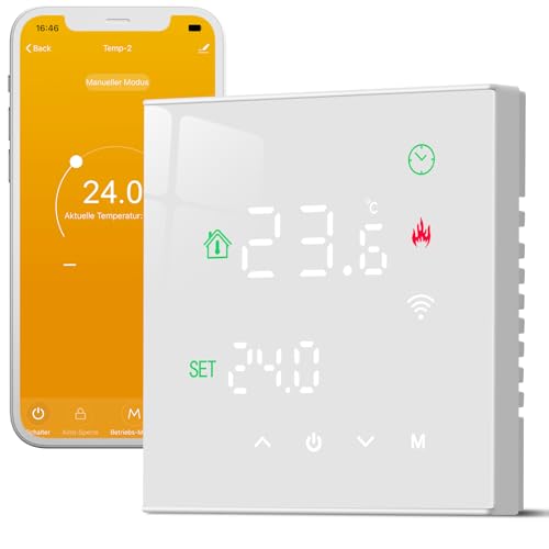 Beok Thermostat Fussbodenheizung Smart, WiFi Raumthermostat Für Wasser Fußbodenheizung Thermostate Heizung Digital LCD Programmierbarer Kompatibel mit Alexa, Google Home 3A 230V TGW60W-WIFI-WP Weiß