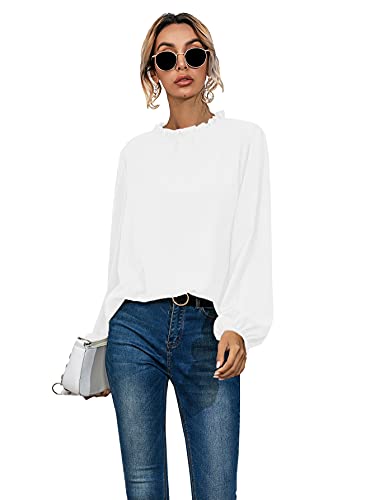 SheIn Damen Elegant Bluse mit Rüschen-Kragen Langarm Oberteil Blusen Chiffonbluse Herbst Tunika Pollover Bishop Ärmel Weiß M
