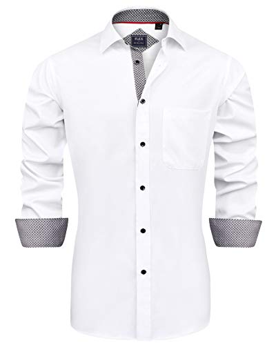 J.VER Herren Hemd Regular Fit Langarm Herrenhemden Freizeithemd Regular Businesshemd Elastiscer Musterhemd,Weiß Schwarz,L