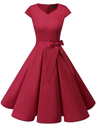 DRESSTELLS Kleid kurz 50er Vintage Retro Cap Sleeves Rockabilly Kleider Hepburn Stil Cocktailkleider DarkRed XL