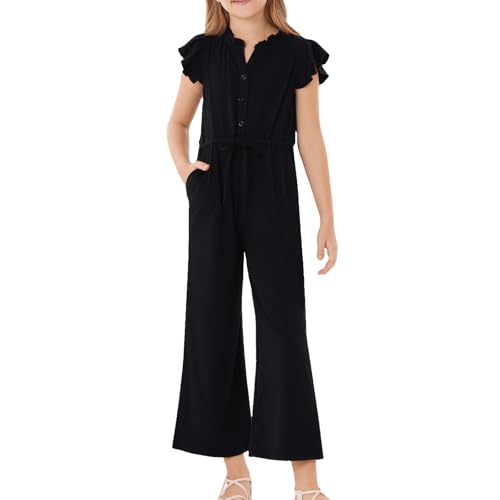 GRACE KARIN Mädchen Causal Jumpsuits mit Flügelärmel Sommer V-Neck Overalls Schwarz S