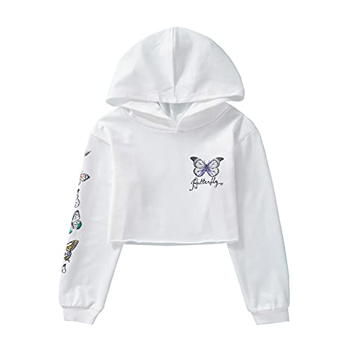 Alvivi Mädchen Sweatshirt Schmetterling Langarmshirt Crop Tops Bauchfrei Oberteile Kinder Hoodie Pullover Pulli Streetwear Gr.98-176 Aa Weiß 146-152