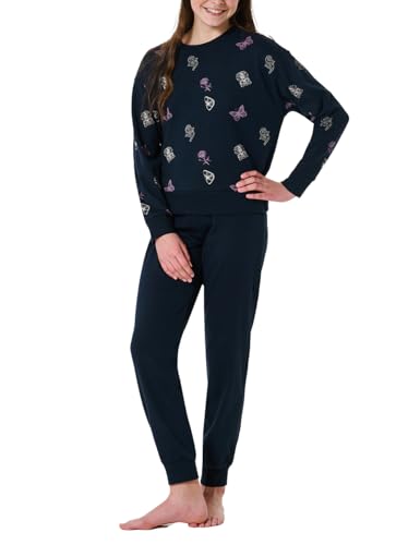 Schiesser Mädchen Schlafanzug Warme Qualitäten Frottee - Fleece Sweat Größe 140 Bis 176 Pyjamaset, Nachtblau_181981, 140 EU