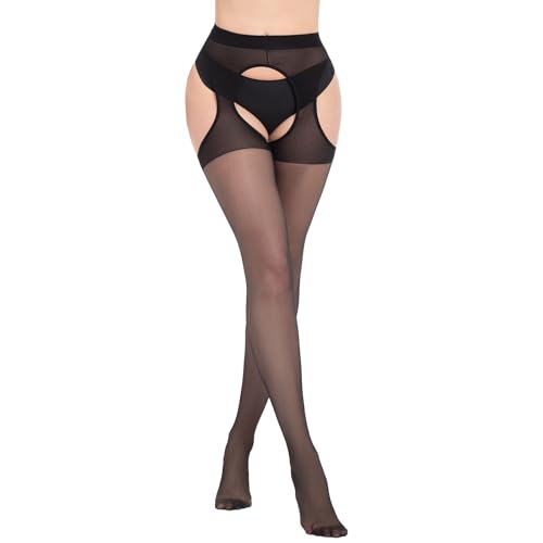 MANZI Strapsstrumpfhose für Damen 30 Denier Offener Schritt Strumpfhose Transparent Strumpfhosen 1Paar (Schwarz XL-XXL)