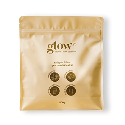 Glow25® Collagen Pulver [500g] - hohe Bioverfügbarkeit - Bioaktives Kollagen Hydrolysat - Peptide Typ 1, 2 und 3 - Perfekte Löslichkeit - Natur
