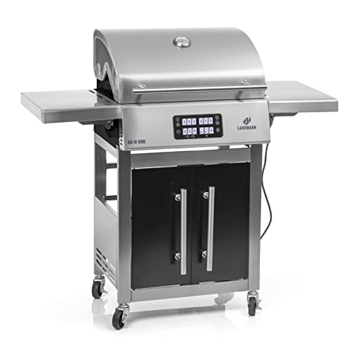 LANDMANN Elektro-Grillwagen EG-II-590 | Leistungsstarker Standgrill mit 2 Fleischthermometern & Deckelthermometer | Ohne Gas & ohne Kohle grillen | Grillfläche ca. 59 x 40,5 cm | 3200W [Edelstahl]
