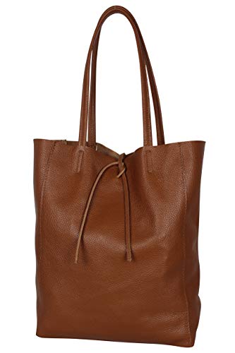 AmbraModa GL032 - Italienische Handtasche, Shopper, Schultertasche, Einkaufstasche mit Innentasche aus echtem Leder (Cognac)