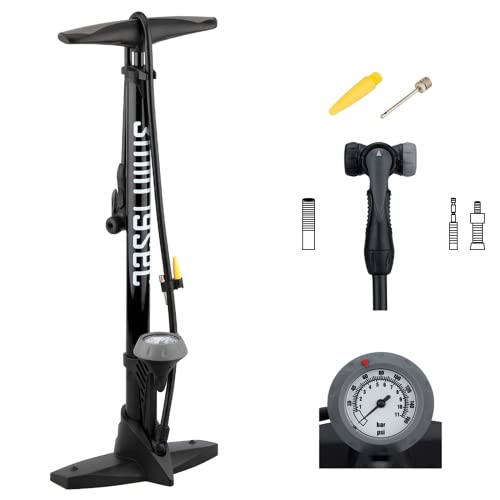 3min19sec Fahrradpumpe alle Ventile bis 11 Bar - Standluftpumpe mit Manometer 47 mm Ø - E-Bike, MTB oder Rennrad Pumpe I Fahrrad Luftpumpe französisches Ventil, Auto-Ventil & Dunlop I Standpumpe