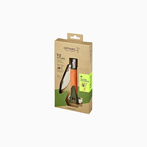 Opinel N° 12 Explore Taschenmesser mit Zeckenzange aus Glasfaserverstärkten Polyamiden und Edelstahl in der Farbe Orange-Grün mit einer Klingenlänge von 10cm, 254613