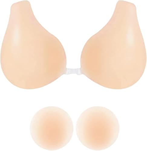 Kiscorpse Klebe BH Push Up Set für Frauen, Rückenfrei Trägerlos Wiederverwendbarer Silikon Nipple Cover, Nippelpads Unsichtbarer Brust Lift für Damen Abendkleider für A/B/C/D Cups (Beige, L for C/D)