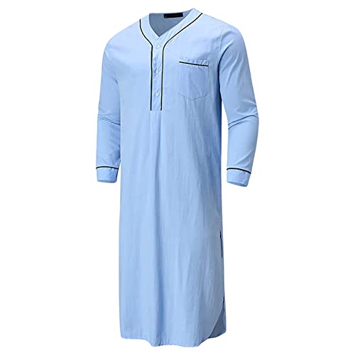 Caziffer Herren Nachthemd V-Ausschnitt Langarm Knöpfen Einfarbig Locker mit Taschen Robe (Hellblau, 3XL)