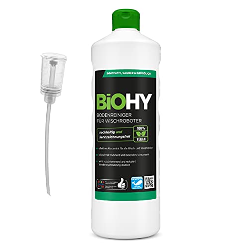 BiOHY Bodenreiniger für Wischroboter (1l Flasche) + Dosierer | Reinigungsmittel Konzentrat für alle Wisch & Saugroboter mit Nass-Funktion | Streifenfrei und schaumarm | nachhaltig & ökologisch