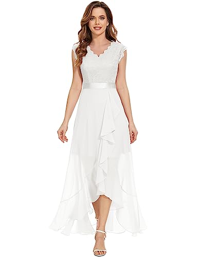 Dressystar Damen Elegant Abendkleider Hochzeit V-Ausschnitt Cocktailkleid Maxi Lang Brautkleid Standesamt Weiß L