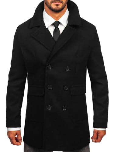 BOLF Herren Wintermantel Lang Zweireihiger Mantel mit Hochkragen Winterjacke Wollmantel Stehkragen Warme Gefüttert Winter Langmantel Slim Fit Business Elegant J.STYLE 11Z8215 Schwarz L [4D4]