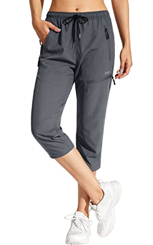 MOCOLY Damen Wanderhose Wasserdicht Elastische Outdoorhose Caprihose Trekkinghose 3/4 Lange Cargohose Kurz Sommer Wander Hose Freizeithose UPF 50 mit Reißverschlusstasche