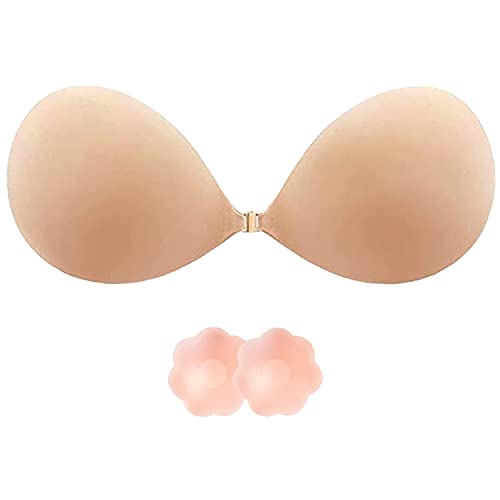 Klebe BH Rückenfrei Push up BH, Trägerloser BH Kommen Sie mit 2 Nippelpads, Wiederverwendbare Unsichtbar Silikon Selbstklebend BH Haut Freundlich Bequem, für Aalle Rückenfreie Kleidung(Beige)