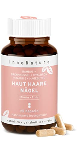 Natürlicher Haut, Haare & Nägel Komplex mit Haar-Vitamin Biotin, Zink (Zinkbisglycinat), Hyaluronsäure (500-700 kDa), Bambus (Silizium), Brennesselsamen, Hagebutte (VitaminC) + Vitamin E. 60 Kapseln.