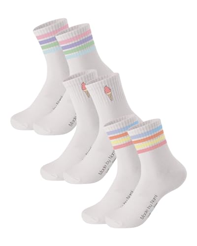 Made by Nami [VERBESSERT Retro Tennis-Socken 3-er Set - Weiße Unisex Sport-Socken mit Print - 3 Paar Atmungsaktive Crew Socks Baumwoll-Socken (DE/NL/SE/PL, Numerisch, 35, 40, Regular, Regular, Set 3)