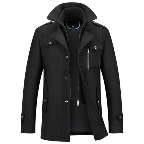 SUIUOI Mantel Herren Wollmantel Winter,Herrenmantel Lang Warme Wolljacke mit Doppelkragen Trenchcoat,Herren-Mäntel Lässiger Kaschmirmantel,Abnehmbarer Kragen Wintermantel Langmantel Schwarz 3XL