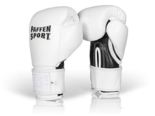 Paffen Sport «PRO Klett» Boxhandschuhe aus echtem Leder für das Training und Sparring im Kampfsport (Weiß/Schwarz, 14UZ)