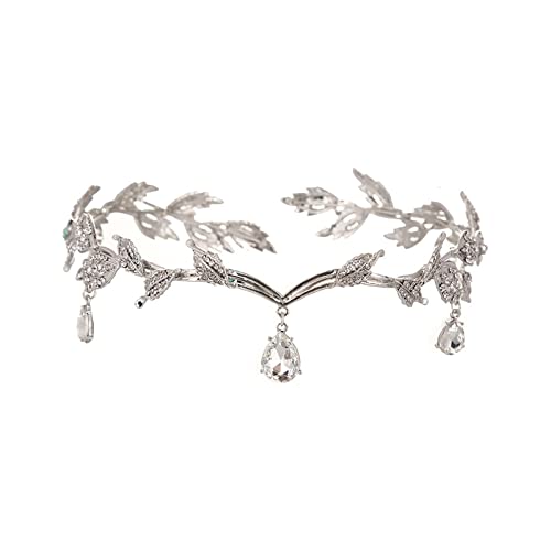 Göttin-Tiara, Elfen-Prinzessin-Tiara, Kristall-Strass-Hochzeits-Kopfband Kristallperlen-Stirn-Kopfschmuck für Braut-Brautjungfern-Mädchen (16.5LX4H CM) (1-Silber)