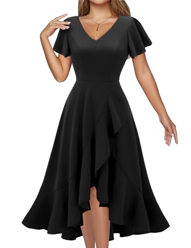 DRESSTELLS Cocktailkleid Damen Elegant Schwarz Vintage Rockabilly Kleid Knielang Abendkleid V-Ausschnitt Hochtief Partykleid Rüschensaum Sommerkleid Black L
