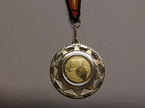 Handball 100 Stück Medaillen aus Stahl 50mm, mit einem Emblem, 25mm - inkl. Medaillen-Band - Farbe: Gold - (e109)