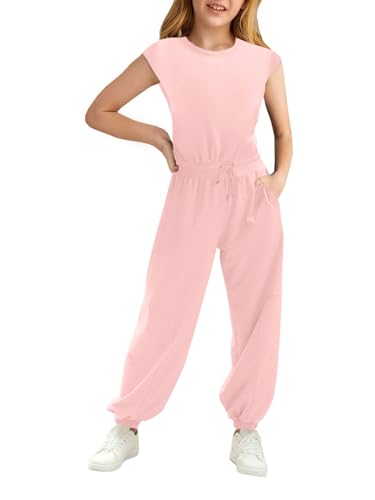Haloumoning Mädchen Jumpsuits Kinder Mode Lange Hosen Mädchen Sommer Kurzarm Overall Casual Sport Jumpsuit, Rosa, 10-12 Jahre