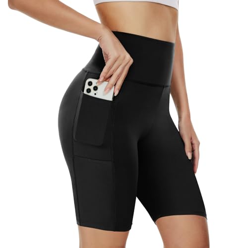 AMIYOYO Radlerhose Damen mit Taschen High Waist Sporthose Kurze Leggings Blickdicht Sportshorts Dehnbar Hotpants Bequem für Sommer Yoga Fitness Gym(A-Schwarz,XXL=DE50-54)