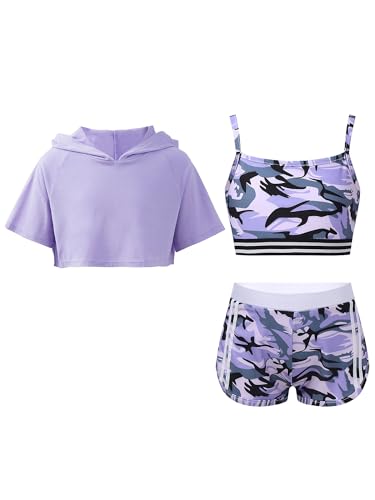 Fldy Mädchen Trainingsanzug Sport Set Kurzarm Hoodie Crop Tank Top Shorts Mädchen Sommer Kleidung Set Kinder Tanz Workout Laufen Outfit Violett 134-140