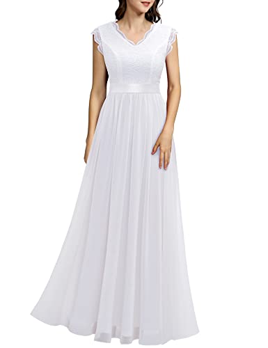 Dressystar Damen Abendkleid Festliches Hochzeitskleid Elegant Hochzeit Brautkleider Spitze Chiffon Maxi Standesamt Kleider Weiß XL