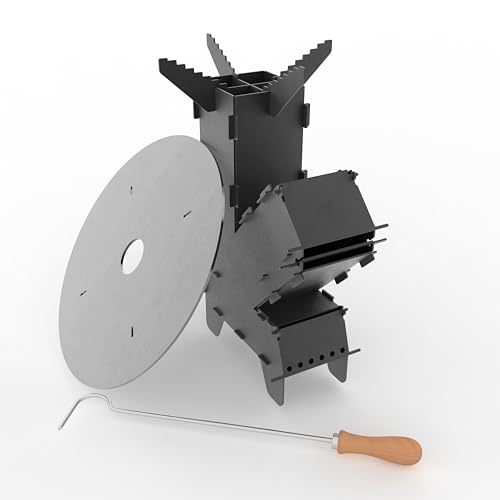 Czaja Raketenofen inkl. Feuerplatte und Schürhaken - Rocket Stove Stecksystem aus massivem 3 mm dickem Stahl Feuerschale BBQ Rakete Holzofen Camping Campingkocher Campinggrill Made in Germany