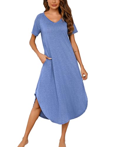 Nieery Nachthemd Damen Lang Baumwolle V-Ausschnitt Sommer Große Größen Kurze Ärmel Lose Schlafshirt Nachtkleid Lässig Nachtwäsche mit Taschen S-3XL