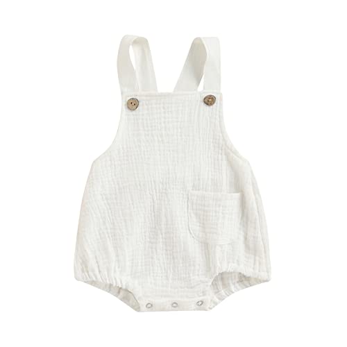 Baby Mädchen Jungen Sommer Kleidung Baumwolle Leinen Strampler Ärmellos Halter Body Neugeborenen Latzhose Plain (Weiß, 0-3 Monate)