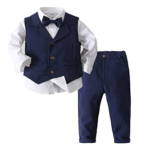 Oyolan Jungen Gentleman Smoking Anzug Hemd + Hosen + Weste + Fliege Sets Langarm 4tlg Babykleidung für Festlich Taufe Hochzeit Navy Blau 98-104
