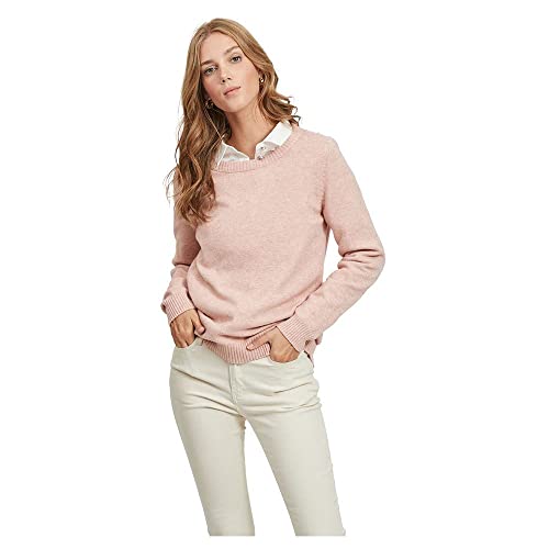 Vila Damen Strickpullover Rundhalsausschnitt O-Neck L/S Knit Top,Misty Rose/Detail:Melange,M