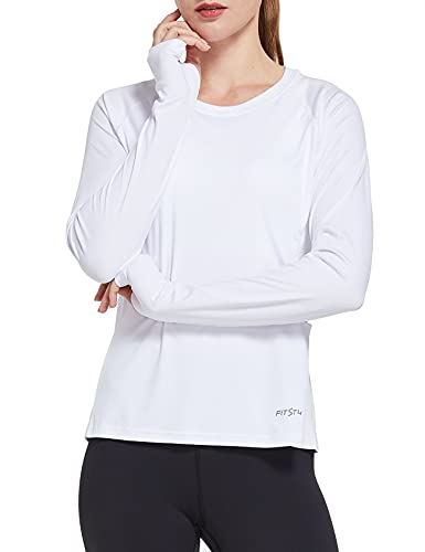 FitsT4 Langarm Sport T-Shirt Damen Laufshirt Funktionsshirt Wandershirt Trainingsshirt schnelltrocknend atmungsaktiv für Frauen, weiß, Gr.L
