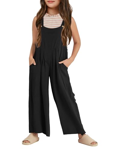 Haloumoning Mädchen Overalls Kinder Lässiger ärmelloser Jumpsuit mit weitem Bein Lose Strampler mit Taschen Schwarz 8-10 Jahre