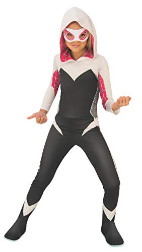 Rubies Spider Gwen Classic Kostüm für Mädchen, Jumpsuit mit Kapuze, Stiefel und Augenmaske, offizielles Marvel, Spider-Man, für Karneval, Halloween, Weihnachten und Geburtstag