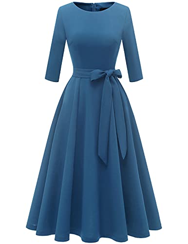 DRESSTELLS Damen Kleider Damen festlich Vintage Retro Kleider Rockabilly Kleid Tee Kleider mit Gürtel Greyblue M
