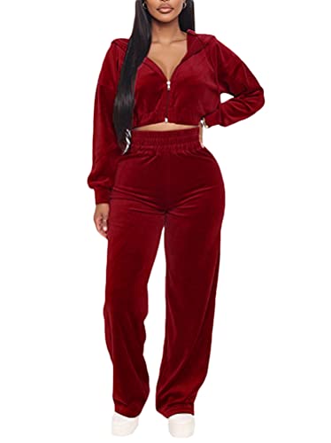Minetom Trainingsanzug Damen Hausanzug Set Jogginganzug Samt Sportanzug Freizeitanzug 2 Teilig Kapuzenjacke Mantel Langarm Reißverschluss Sporthose Velours Hose Z1 Rot 36