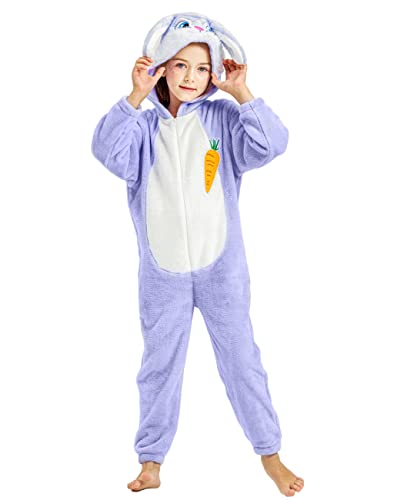 IKALI Mädchen Kaninchen Pyjama Tier Onesie für Kinder Hoodie Overall Ostern Rollenspiel Violet Kostümfest Outfit