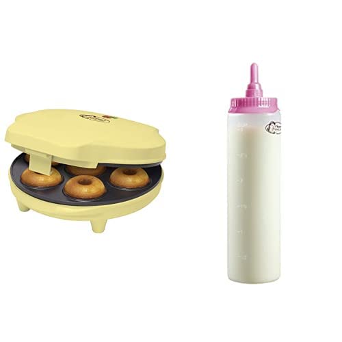 Bestron Donut Maker, inkl. Teigportionierer für 700ml mit Skala, Ideal zum Befüllen des Donut-Geräts, Farbe Gerät: Gelb, Teigflasche: Weiß