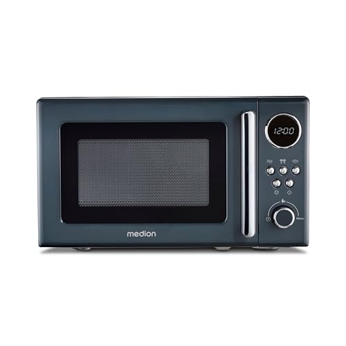MEDION Retro Mikrowelle (20 Liter, ca. 800 Watt, 5 Mikrowellenstufen, 8 Automatikprogramme, Digitale Anzeige, Auftaufunktion, kompakt, MD15000) grau